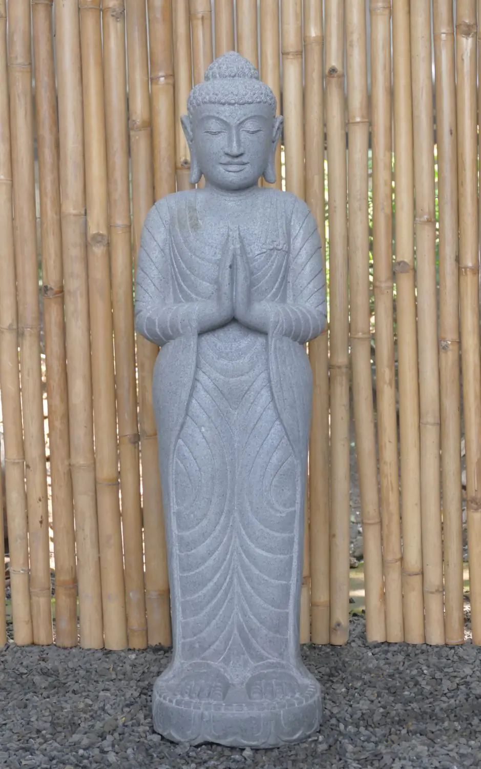  Product image 1 of the product “Standing Buddha made of Riverstone, position Namaskara , H. 118cm. ”